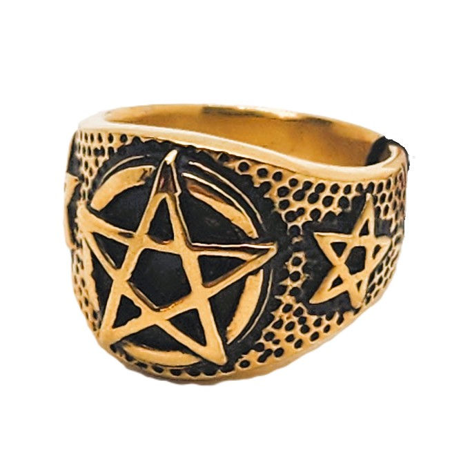 ANEL DE AÇO PENTAGRAMAS DOURADO
