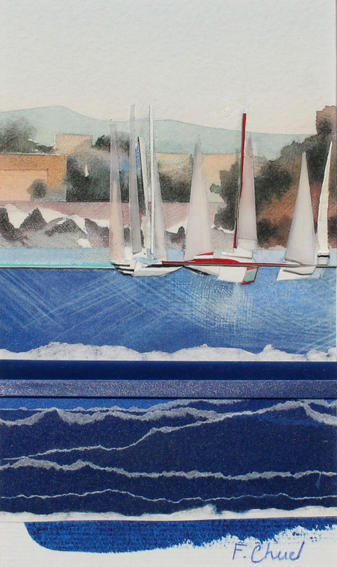 Voiliers sous la Corniche (3)
Cette série se parcourt comme un carnet de bord. Elle est en majorité composée de tableaux au format A5 (livre de poche) et retrace, depuis la navette maritime qui relie la Pointe Rouge au Vieux Port de Marseille, la côte et les voiliers sous la lumière changeante.

Avec l'idée de saisir le paysage qui sous le mistral et selon l'heure peut changer dans l'instant , j'ai pu me croire à Venise, Istambul, ou en Irlande sous une lumière rose, avant chaque jour de mettre le pied, un peu étonnée d'avoir cru voyager, sous l'ombrière du Vieux Port.

Aquarelle rehaussée au crayon sur papier Arches, papiers colorés et papier calque.