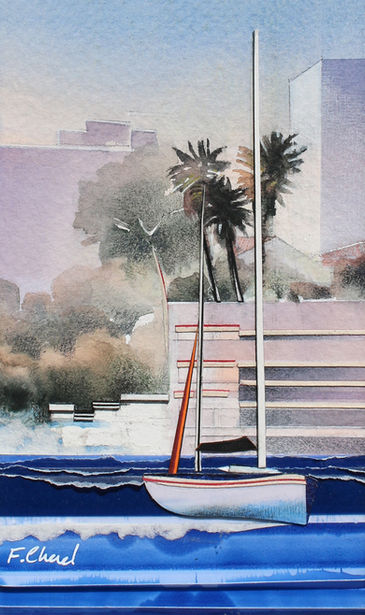 Au pied du Fort Saint Jean
Cette série se parcourt comme un carnet de bord. Elle est en majorité composée de tableaux au format A5 (livre de poche) et retrace, depuis la navette maritime qui relie la Pointe Rouge au Vieux Port de Marseille, la côte et les voiliers sous la lumière changeante.

Avec l'idée de saisir le paysage qui sous le mistral et selon l'heure peut changer dans l'instant , j'ai pu me croire à Venise, Istambul, ou en Irlande sous une lumière rose, avant chaque jour de mettre le pied, un peu étonnée d'avoir cru voyager, sous l'ombrière du Vieux Port.

Aquarelle rehaussée au crayon sur papier Arches, papiers colorés et papier calque.