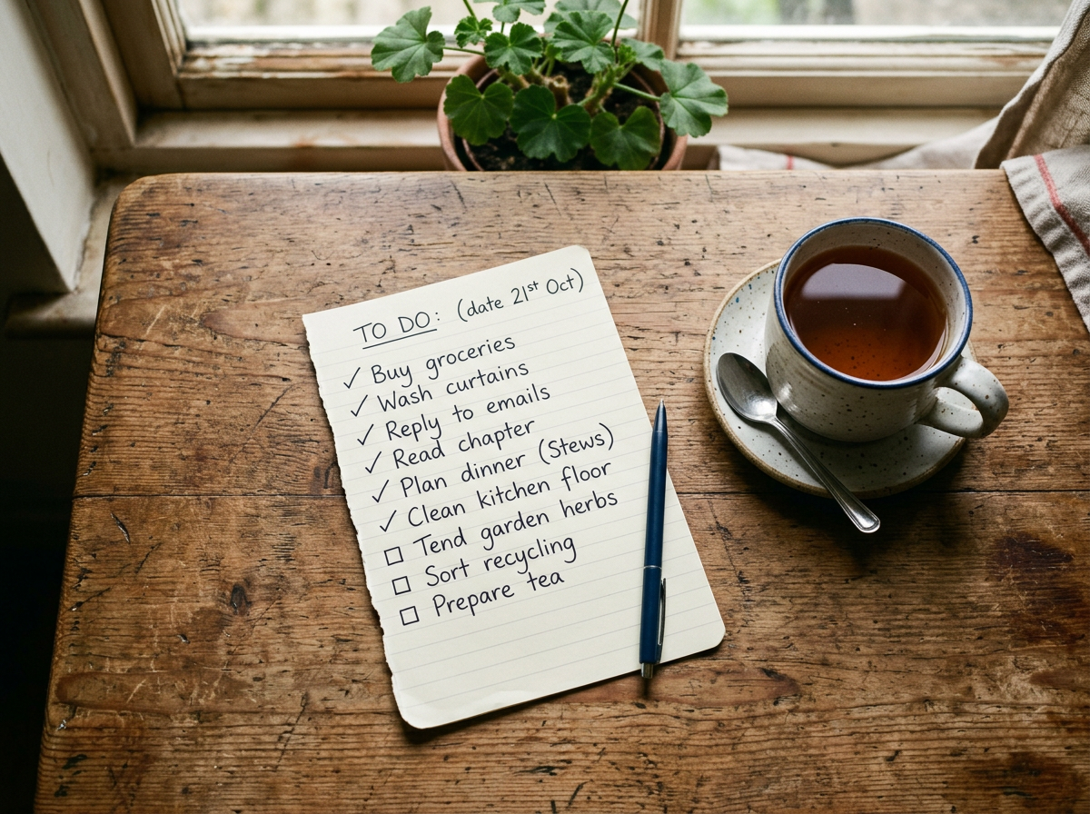 Overhead view of a handwritten checklist beside a cup of tea on a wooden kitchen table.