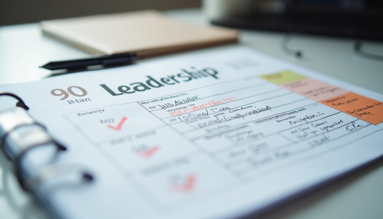 Close-up view of a leadership 90-day plan document with handwritten notes and highlights