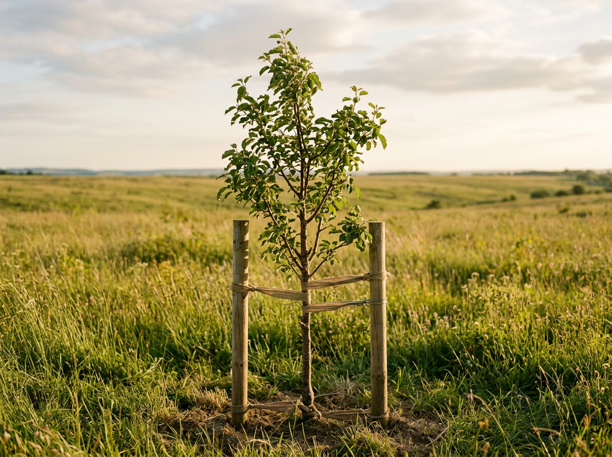 Eye-level view of a young tree supported by two wooden stakes in an open field.