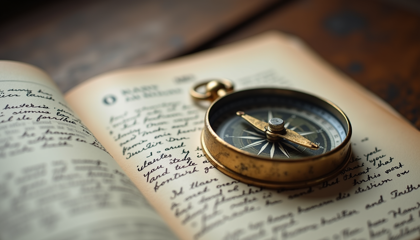 Close-up view of a weathered compass resting on an open journal with handwritten notes