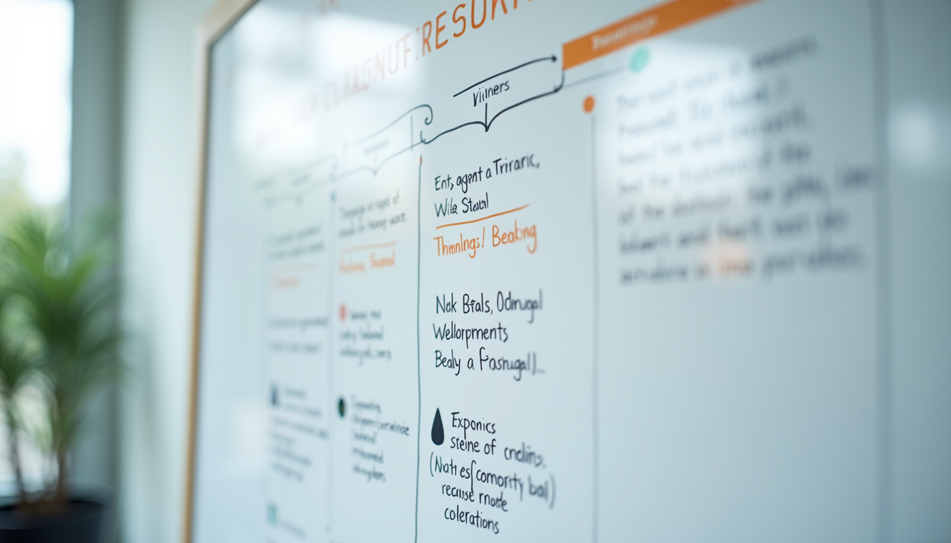 Close-up view of a strategic HR roadmap on a whiteboard with notes and timelines