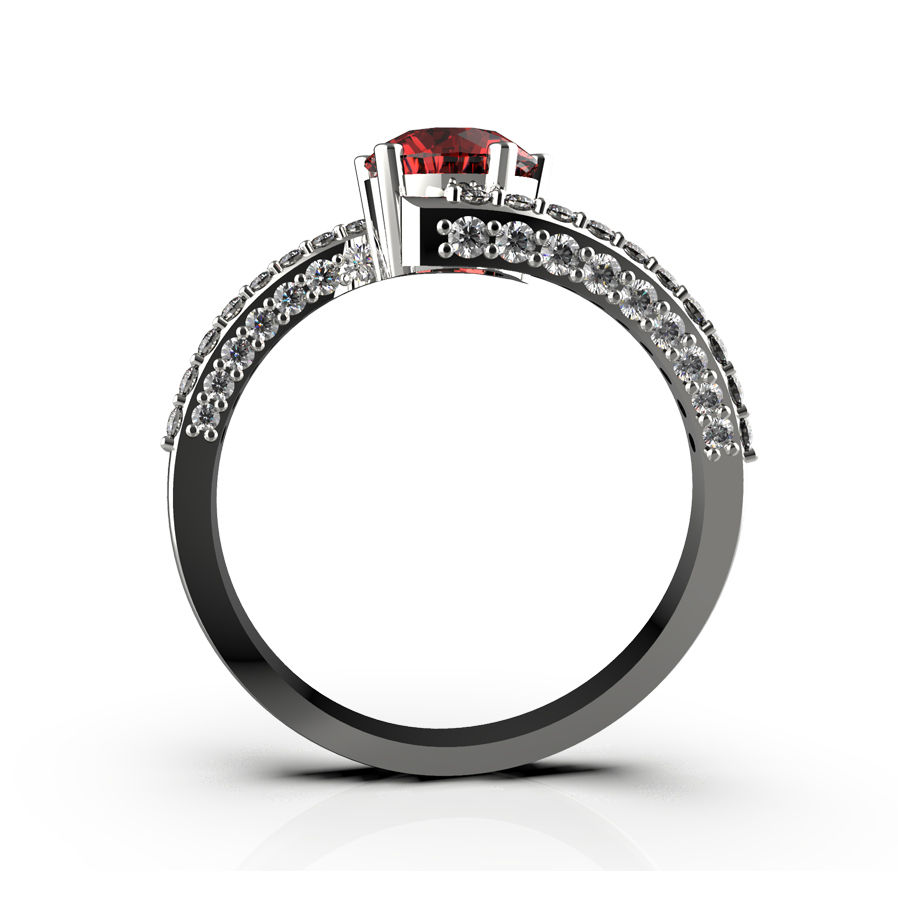 Thumbnail: Back View of Red Stone Silver Ring with Diamond Studded Band