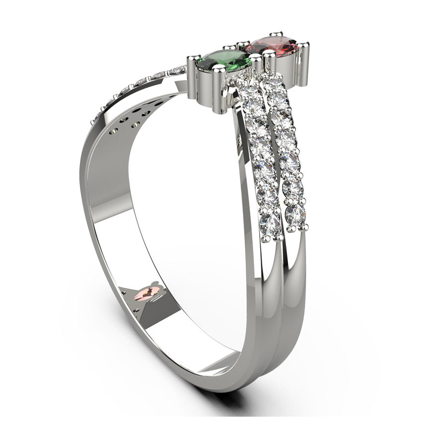 Thumbnail: Side view of 925 sterling silver ring with green and red round stones and double row zircon band