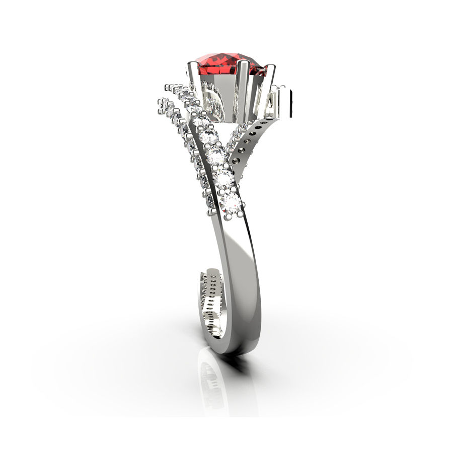 Thumbnail: Side View of Red Stone Silver Ring with Diamond Studded Split Shank