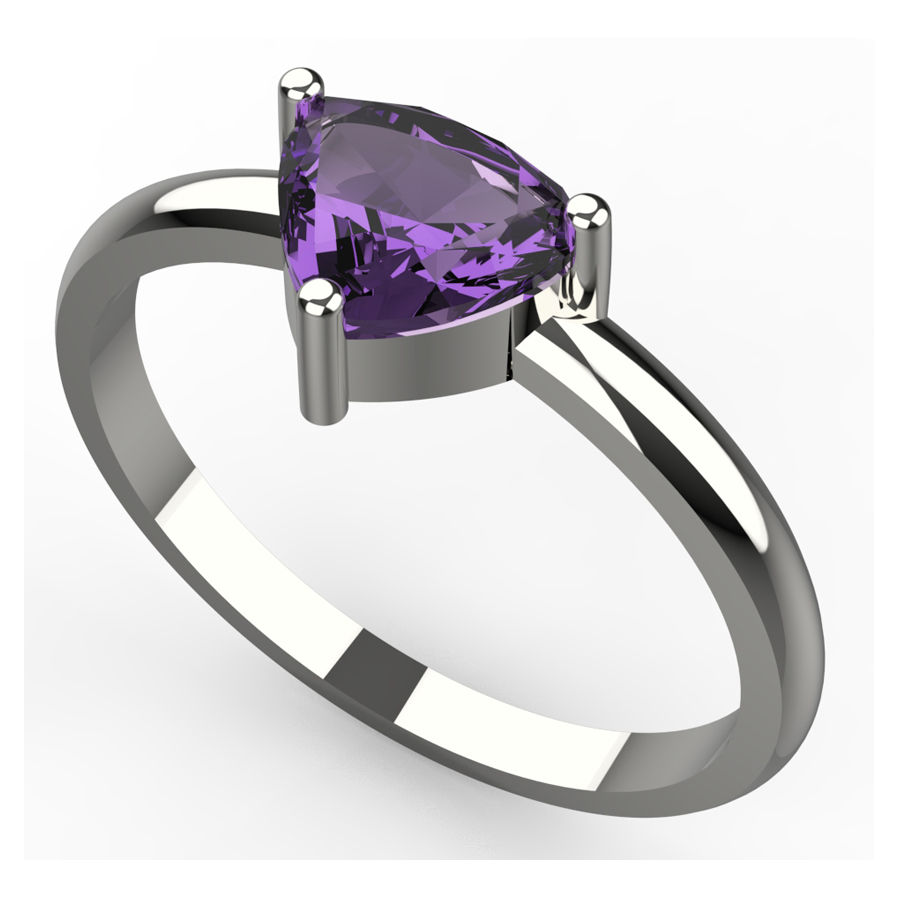 Thumbnail: Side profile view of silver ring with trillion-cut purple gemstone setting