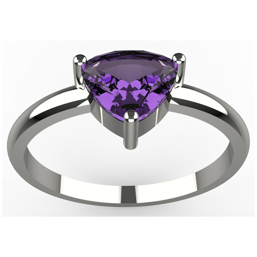 Trillion-cut purple gemstone silver ring – front view, high-polish minimal band