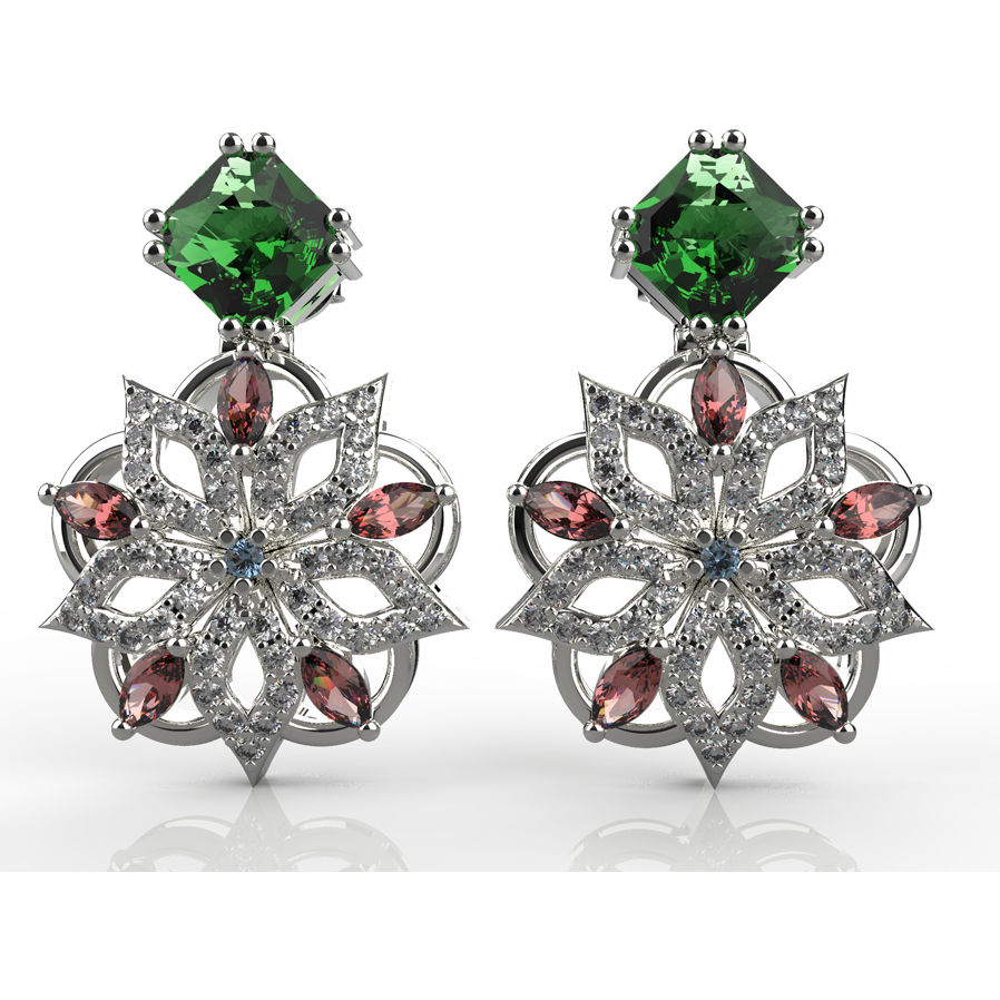 Indians Jewellery 925 silver drop earrings featuring green square gemstone, red marquise accents and white zircon detailing