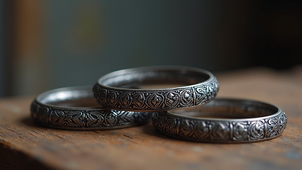 Eye-level view of silver oxidized bangles with intricate tribal patterns