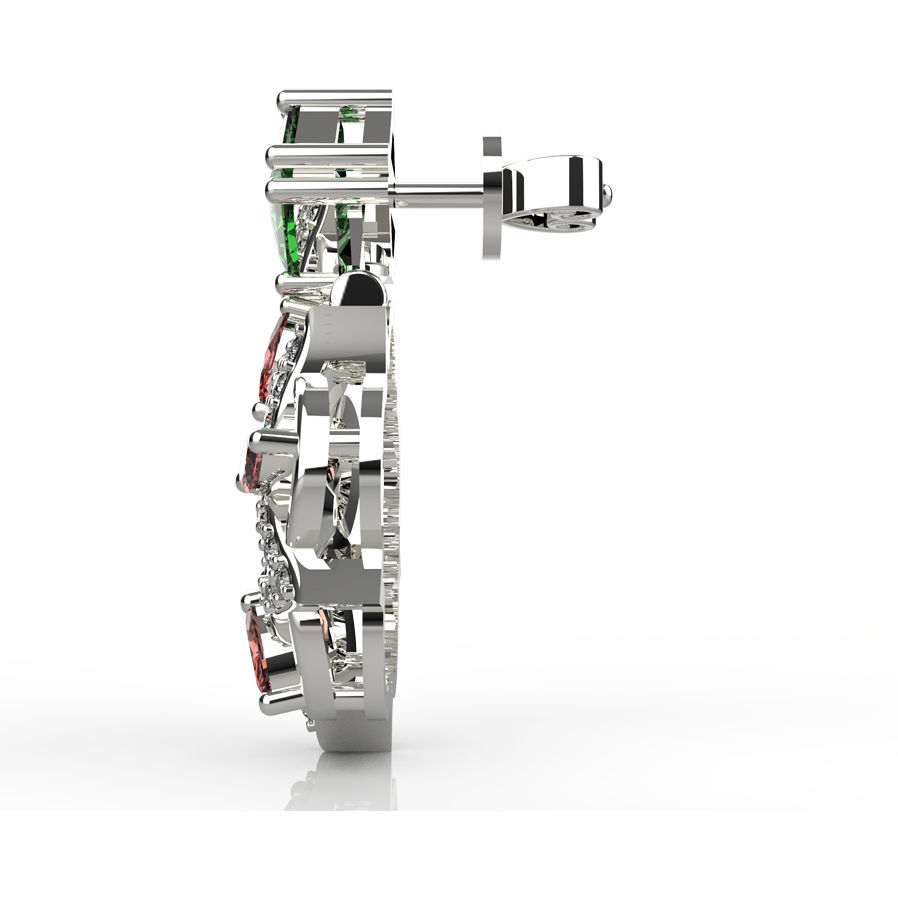 Thumbnail: Back view 925 sterling silver drop earrings with green square stone and red marquise accents