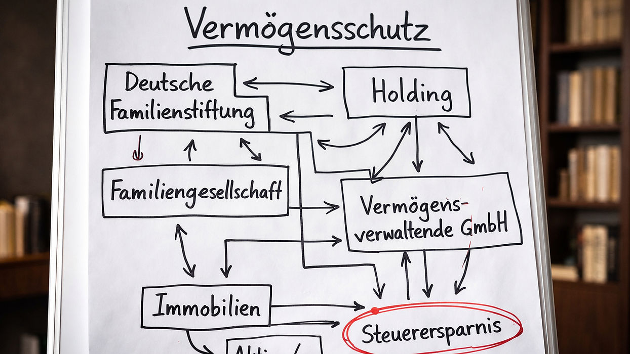 Diagramm zum Vermögensschutz mit Holding und Familienstiftung