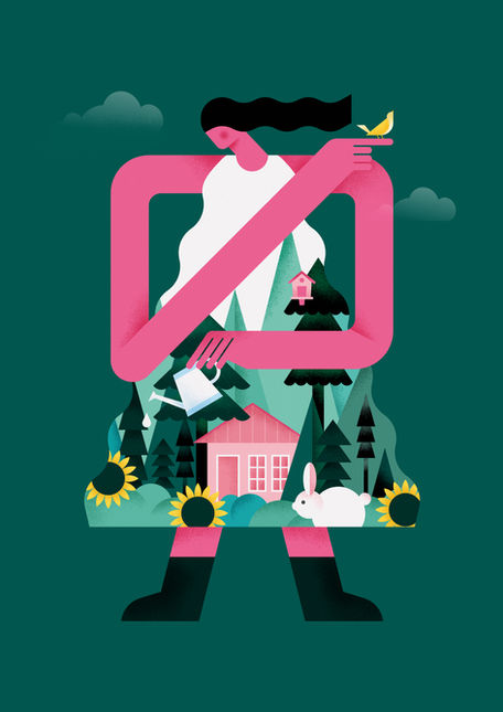 Illustrated poster about environmental protection showing a figure with forests, animals and nature elements inside the body.