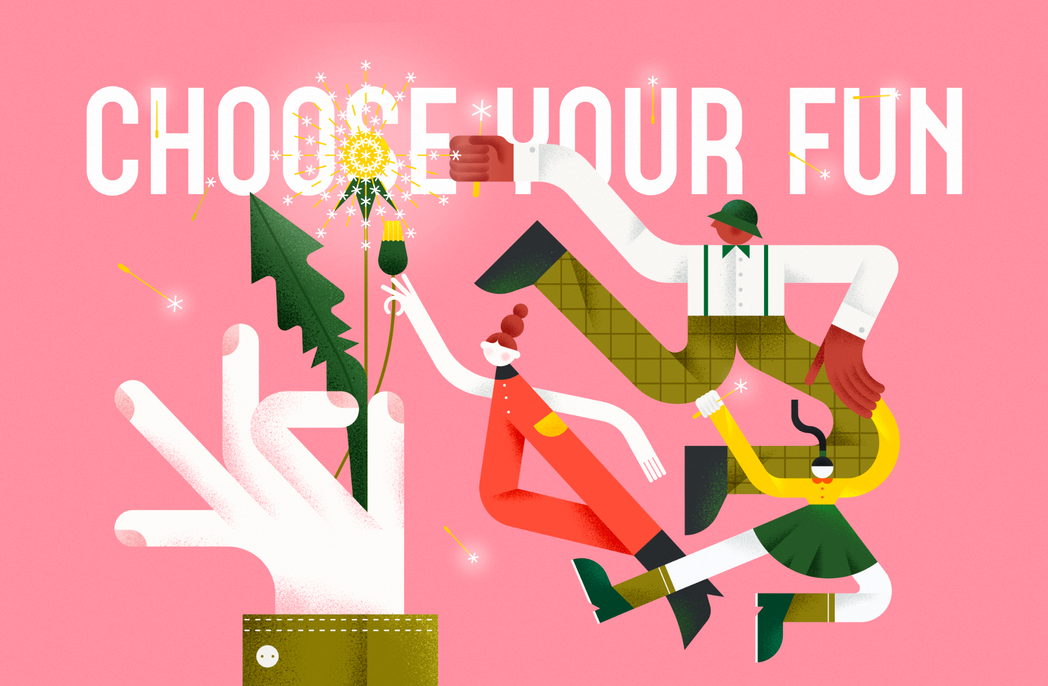 Colorful geometric festival illustrations featuring stylized characters, music, entertainment, and social activities created for the “Choose Your Fun” event.