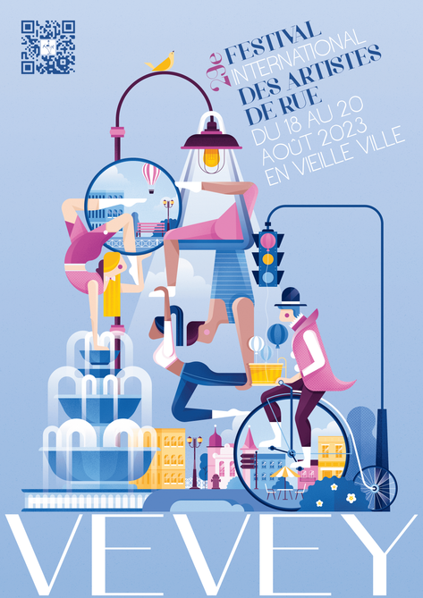 Festival poster illustration showing street performers and city scenes in Vevey.