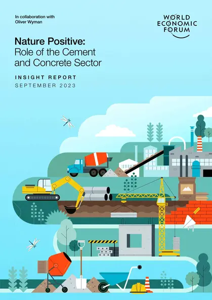 Illustrated cover for a World Economic Forum insight report showing a cement and concrete construction site with machinery, crane and factory.