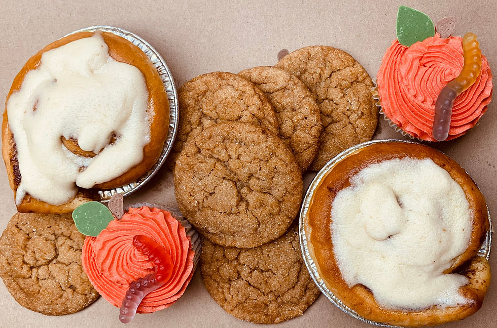 Thumbnail: 2 cinnamon rolls, 6 apple cider cookies and 2 vanilla cupcakes decorated like apples with gummy worms