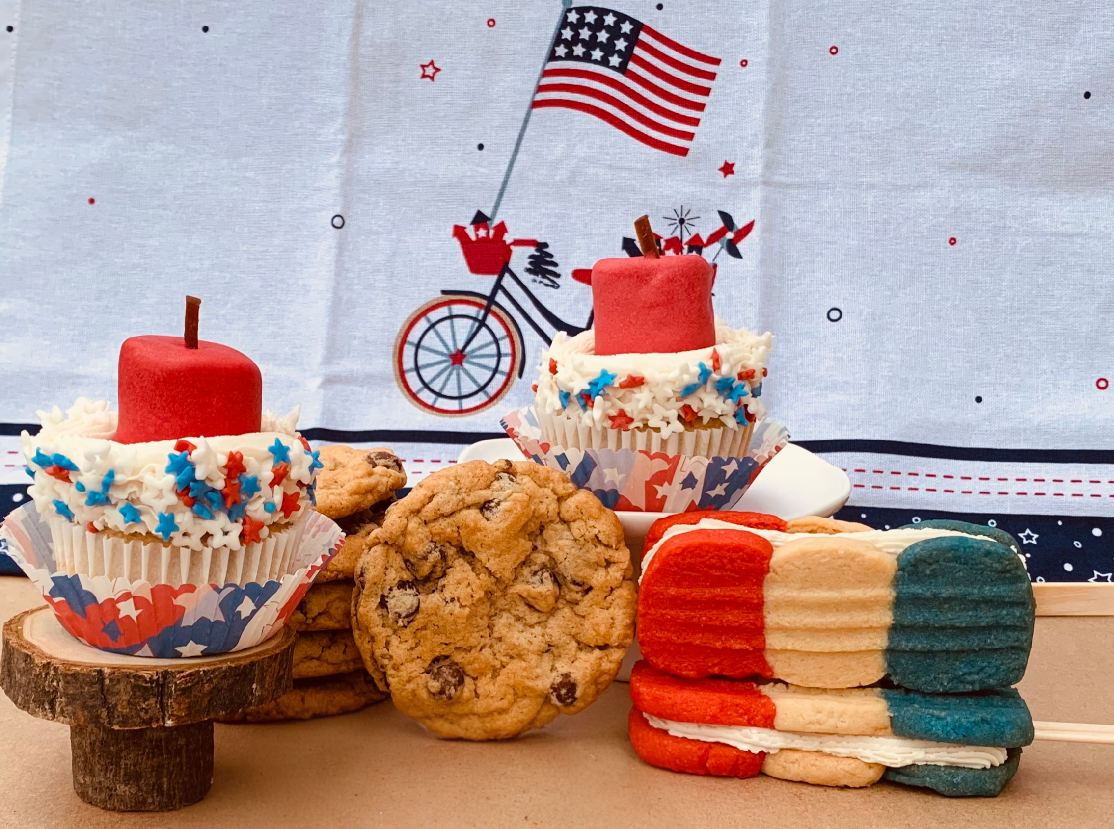 two firecracker cupcakes, two Popsicle Inspired Sandwich Cookies and six chocolate chip cookies