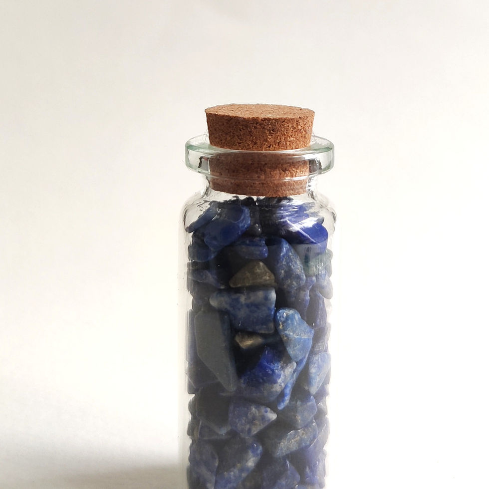 Lapis lazuli gemstone chips in a mini jar with a cork lid| Lapis Lazuli mini jar home decor