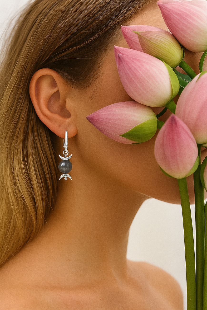 Labradorite earring with sterling silver moon from Manan Collection