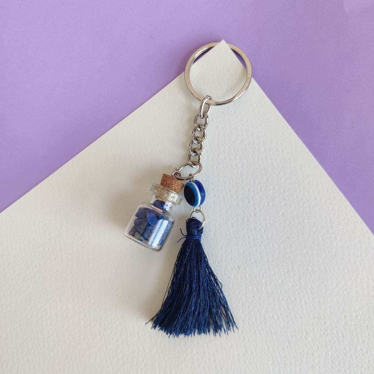 Lapis Lazuli Crystal Keychain with natural chips, intuition charm, and tassel by Moon's Tribe