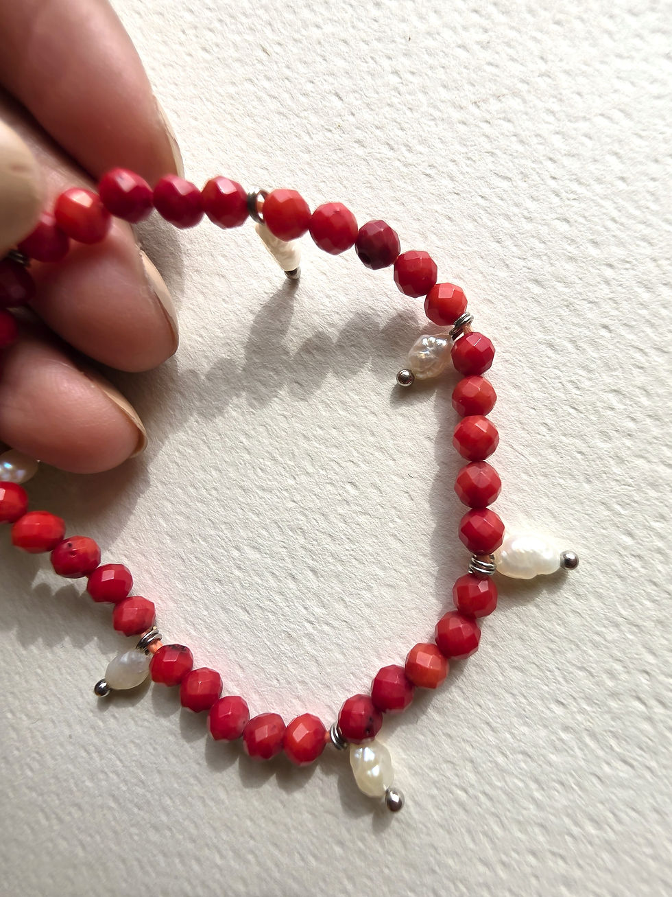 Handmade Coral and Freshwater Pearl bracelet by Moon Tribe
