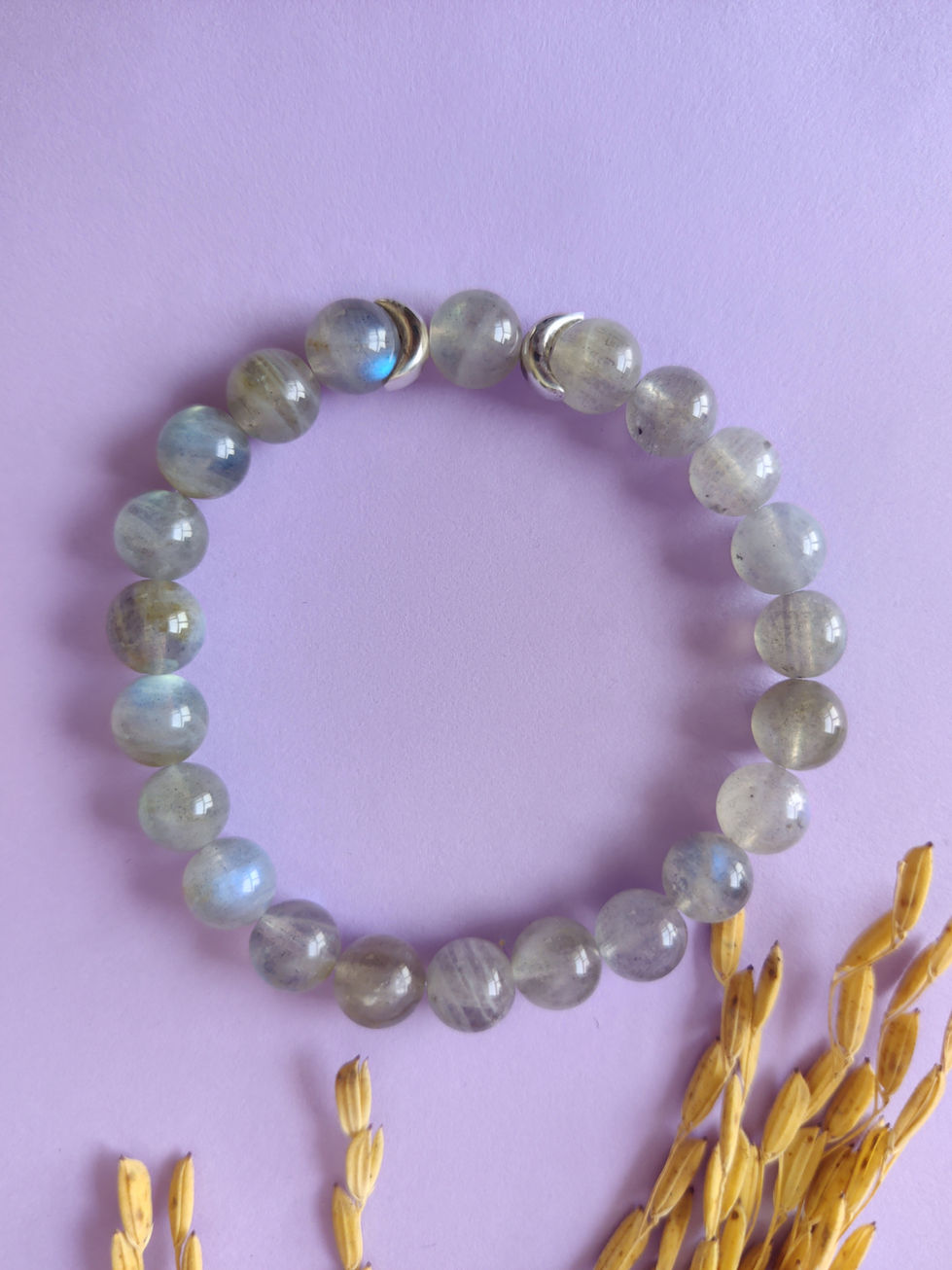Labradorite Bead Bracelet with two 925 Sterling Silver Crescent Moons by Moon’s Tribe for calm, reflection, & spirituality