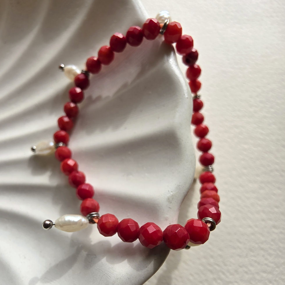 Minimal Coral and Pearl crystal bracelet handcrafted for everyday wear