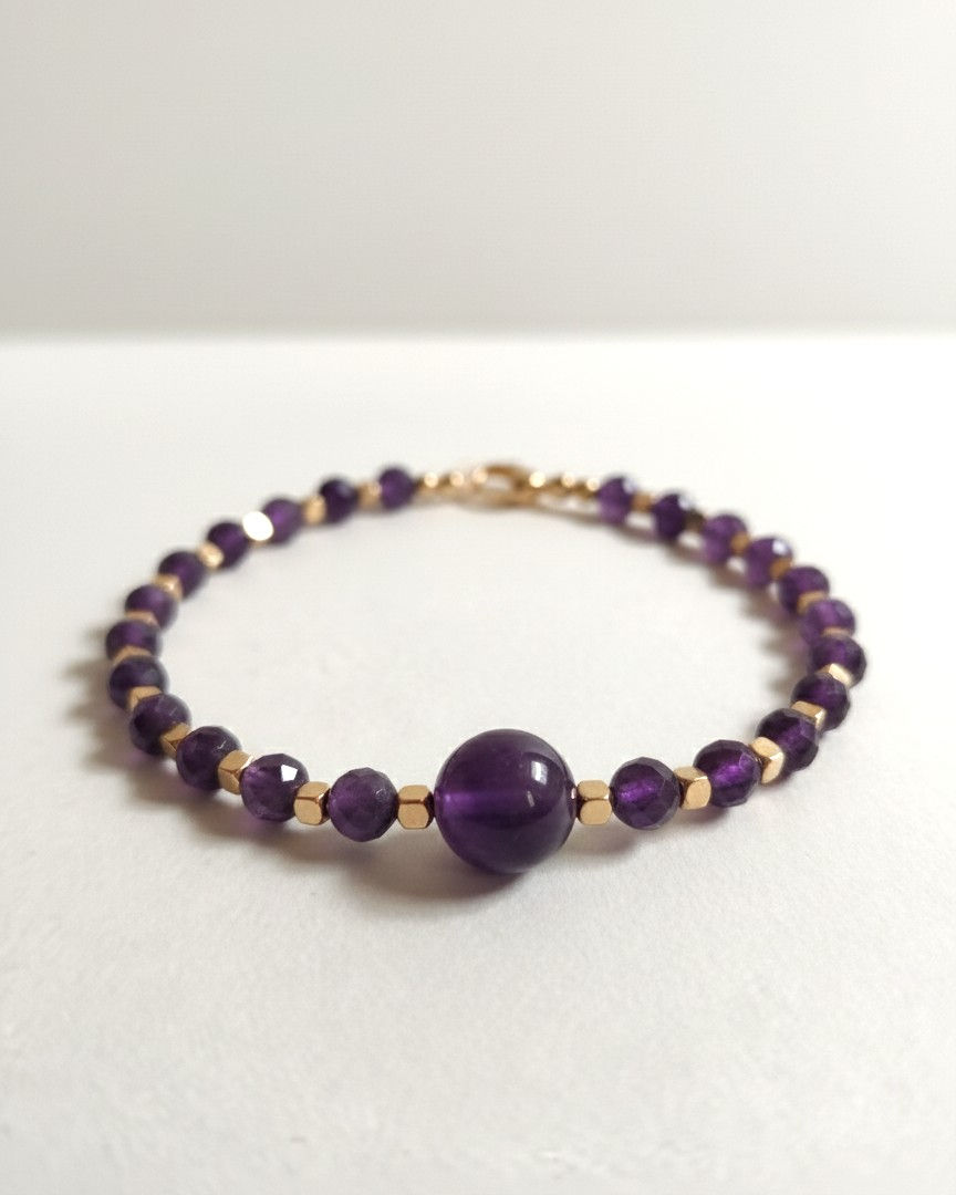 Handmade amethyst bracelet with natural amethyst beads and gold accents, minimal crystal healing jew