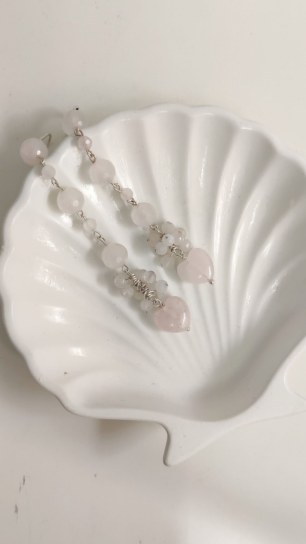 Moon’s Tribe Gulabo rose quartz long earrings for love healing and feminine emotional balance
