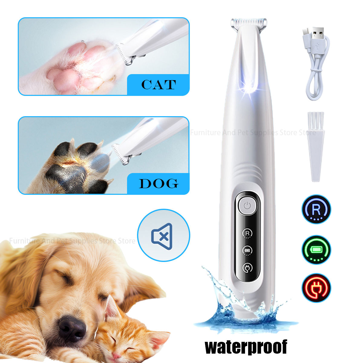 New Dog Paw Trimmer with LED Light Fully Waterproof Pet Hair Trimmer with LED Di