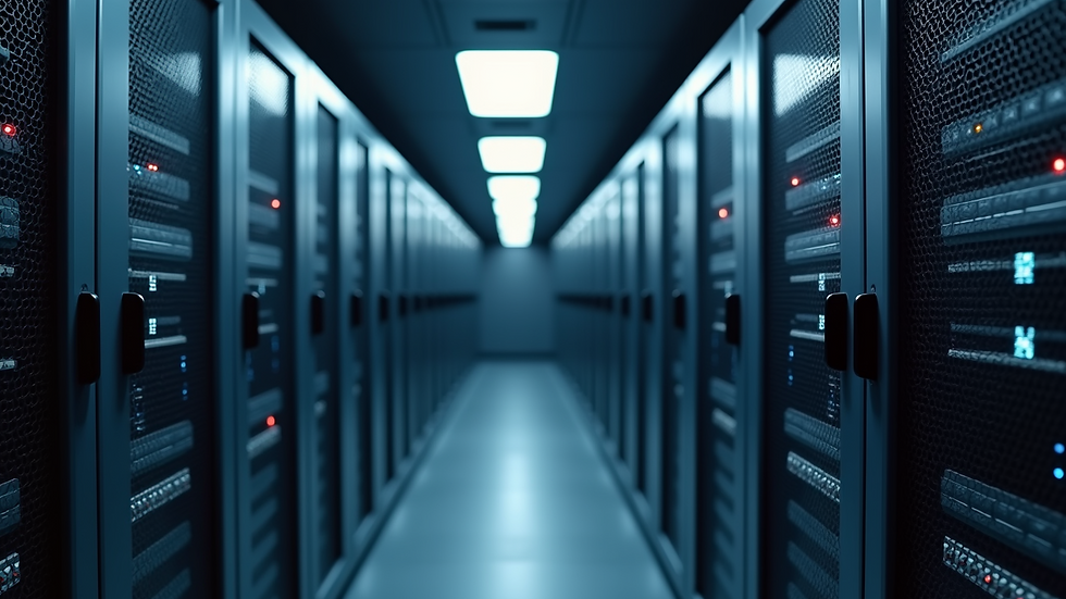 High angle view of a secure server room with blinking lights