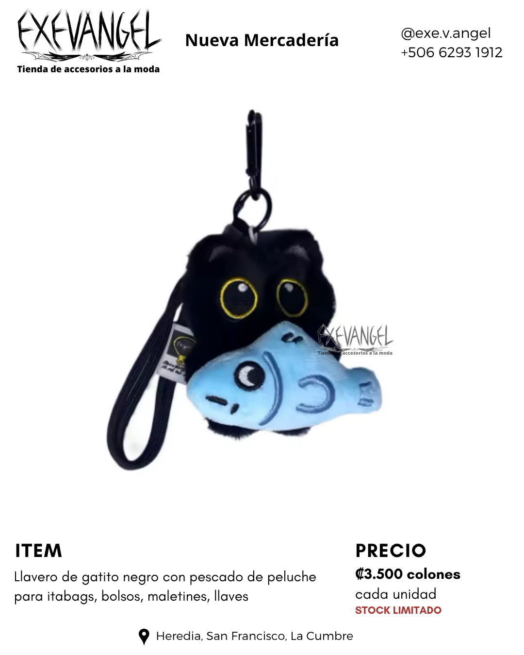 Llavero peluche itabag colección gatito negro con pescado keychain