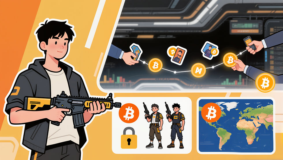 Cartoon of a person with a rifle. Hands exchange avatars with Bitcoin symbols. Background shows a control room, digital graphs, and a map.