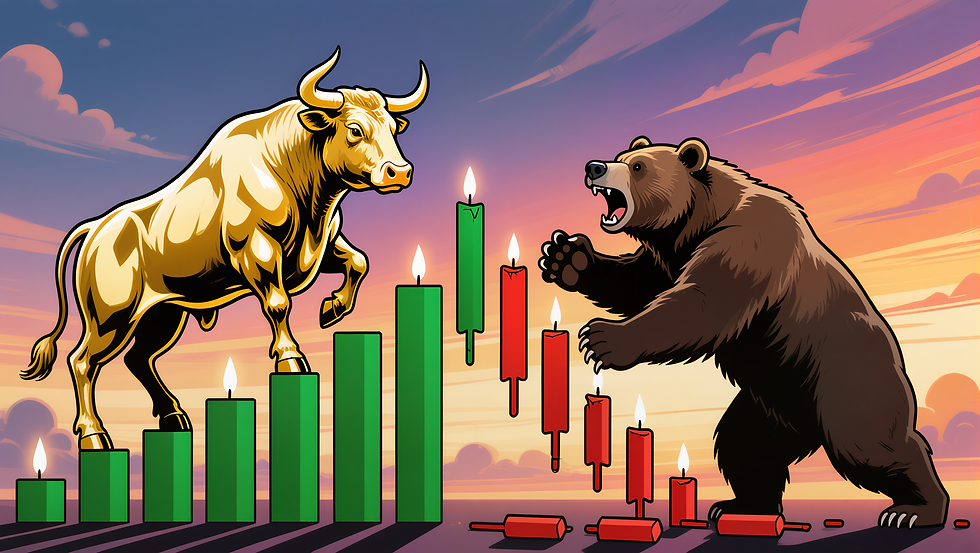 A bull and a bear face off amid green and red candlestick charts under a vibrant sunset sky, symbolizing market trends.