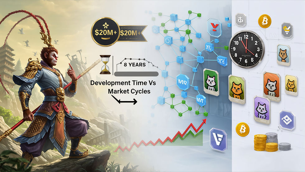 Warrior with a staff stands in a mountainous landscape. Graphs and blockchain icons highlight development vs. market cycles over 8 years.