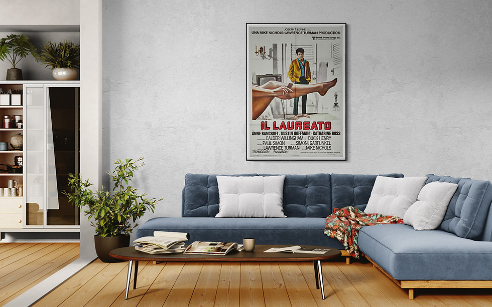Original vintage Il Laureato movie poster framed in a living room interior