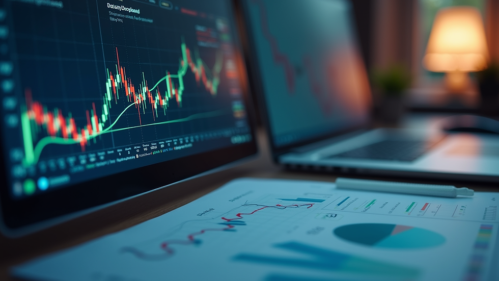 Eye-level view of a trading desk with financial charts and graphs