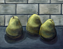 Three Pears in Front of Subway Tile