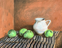 "Still Life Glazed Pottery Pitcher with Green Apples on a Striped Tea Towel"