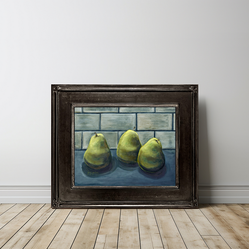 Thumbnail: "Three Pears in Front of Subway Tiles," 11 x 14 Oil on Board