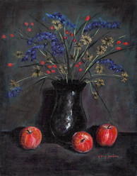 "Wildflowers in Pewter Vase with Apples"