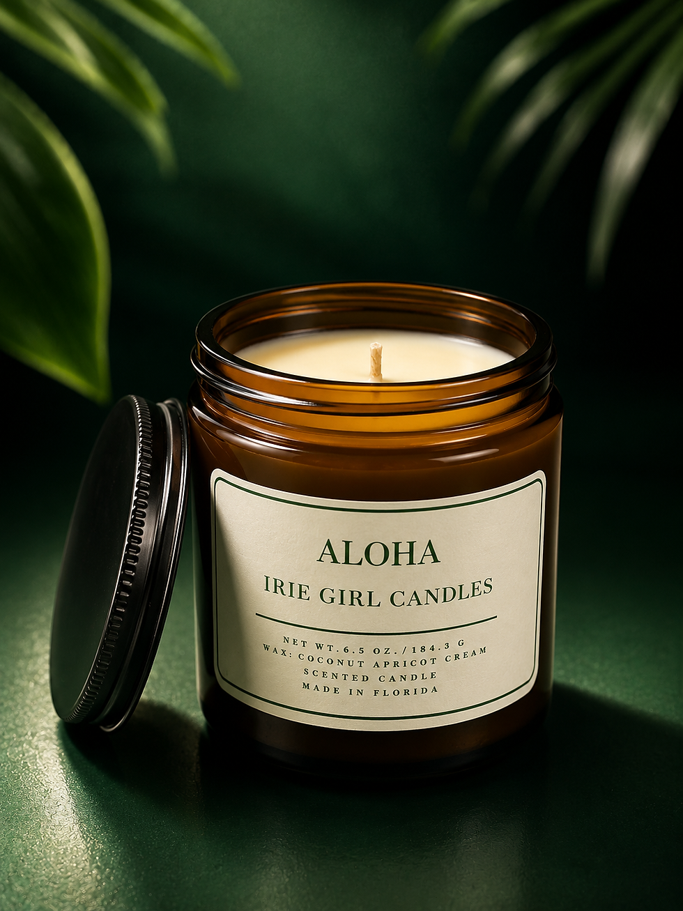 Luxury handcrafted scented candle in an amber glass jar by Irie Girl Candles