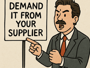 Cartoon-style illustration of a serious-looking man in a suit pointing at a sign that says “DEMAND IT FROM YOUR SUPPLIER.” Used to emphasize the importance of insisting that infrastructure or third-party providers deliver accessible solutions out of the box, so you’re not blocked from offering accessible websites or apps to your customers.
