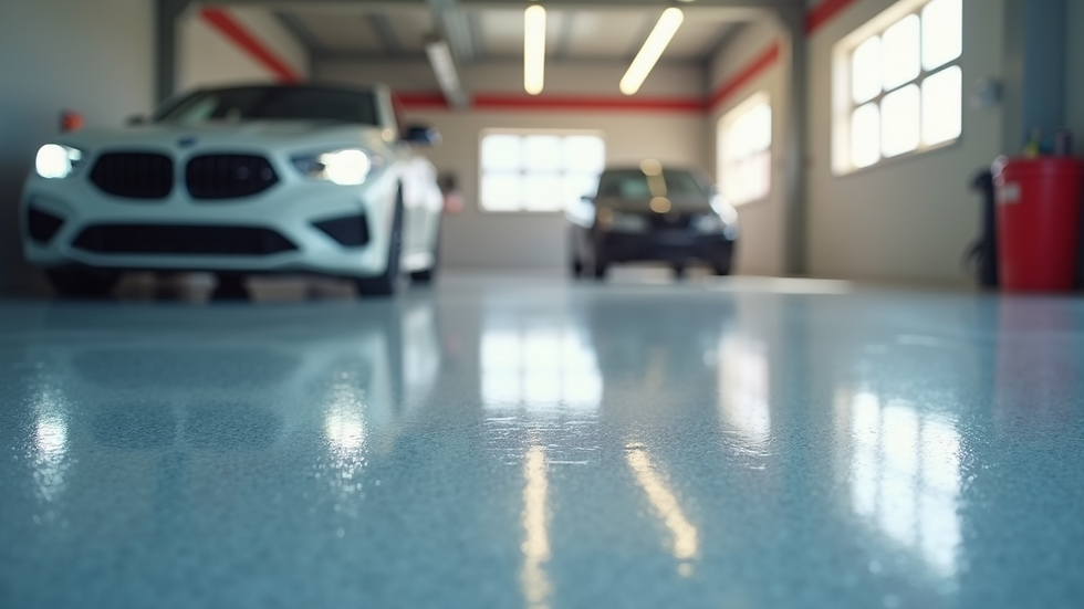 Eye-level view of a freshly coated garage floor with a glossy finish