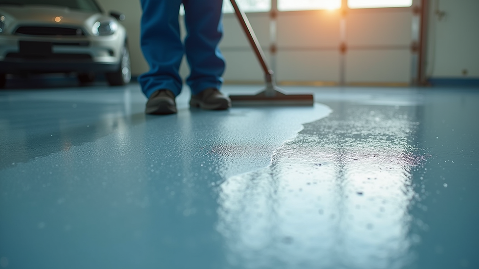 Close-up view of a polyaspartic coating being applied to a garage floor