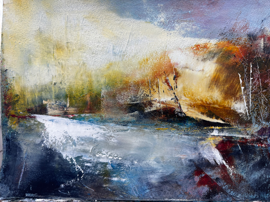 Abstract landscape painting “Autumn Rising” by Camille Kouyoumdjian, Oil and cold wax, 11x14.