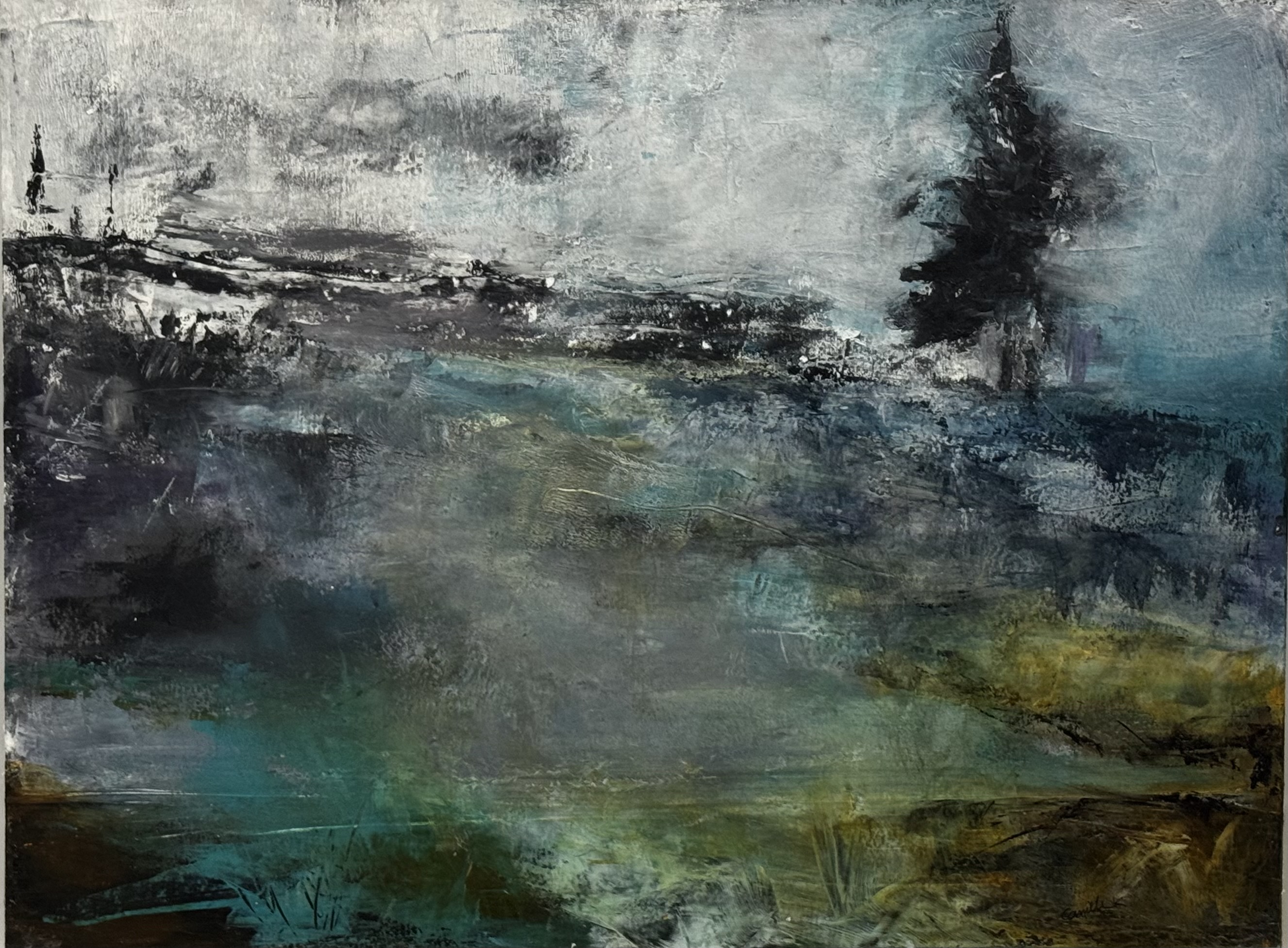 Abstract landscape painting “High Lonesome” by Camille Kouyoumdjian, Acrylic, 24x18.