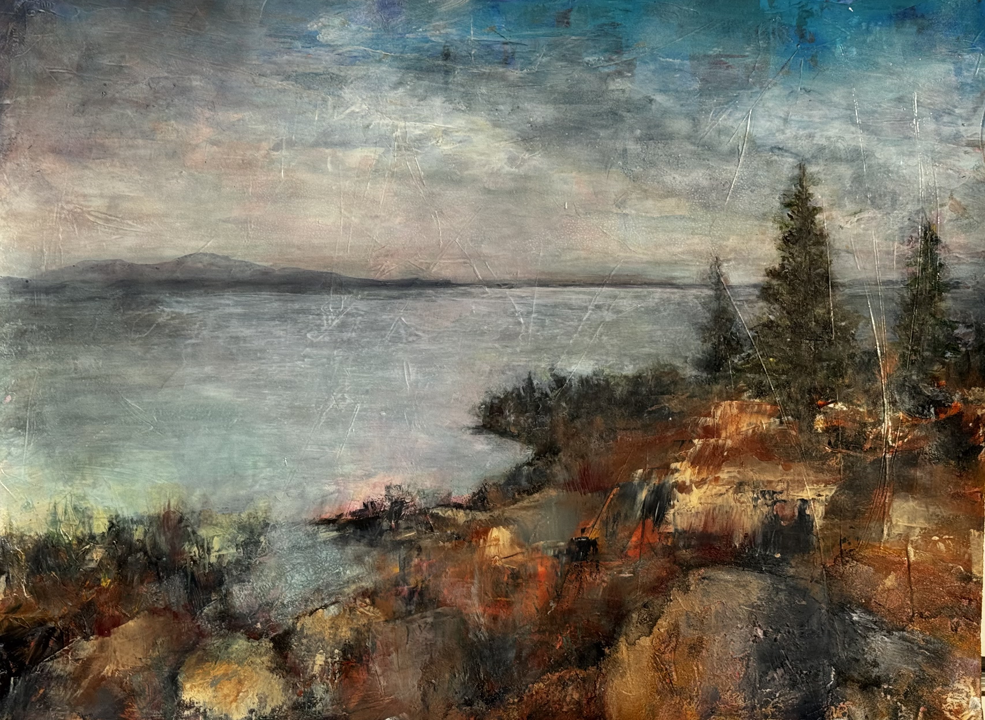 Abstract landscape painting “Schoodic Skylight” by Camille Kouyoumdjian, Acrylic/mixed media, 30x22.